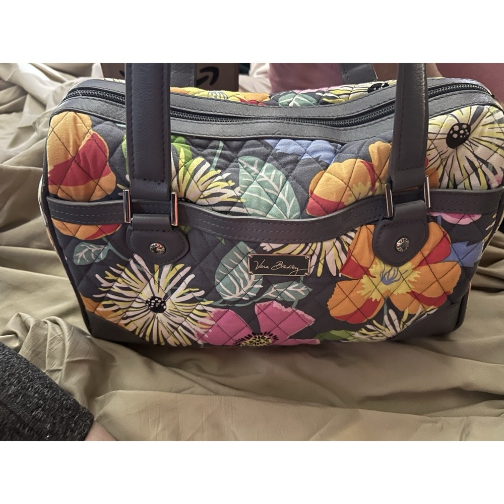 Vera Bradley Twirly Birds Gray Quilted Satchel Handbag Floral Zip Cotton Purse